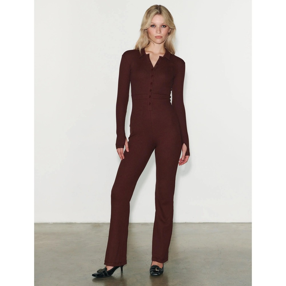 NWT Peachy Den The June Jumpsuit Chocolate Brown Large Retro Ribbed Long Sleeve